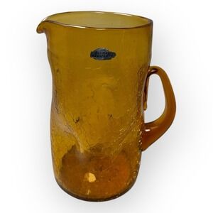 VTG Blenko Blown Glass #6714 Wheat Amber Crackle Dimple Pinch Pitcher 96oz Large